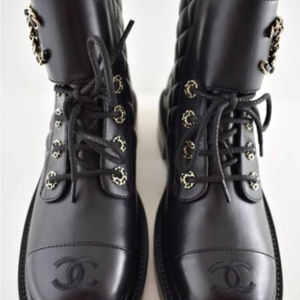 CHANEL Black Leather Lace-Up Boots with Gold Details